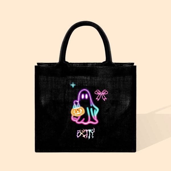 Calabaza de Halloween personalizada Fantasma de neón Bolsa de asas con nombre Truco o trato Regalo para niños Niñas