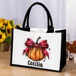 Personalized Pumpkin Bow Large Canvas Tote Bag with Name Halloween Trick or Treat Activities Gift for Women