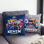 Housse de coussin personnalisée Get Ready Colorful Ink Splash Gamepad Design Throw Pillow Cover with Name Gaming Room Decor Birthday Gift for Game Lov