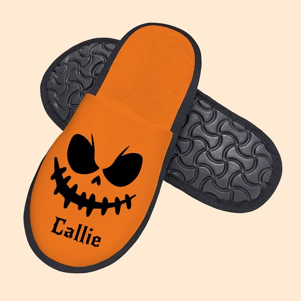 Pantofole pelose personalizzate multicolore con faccia di zucca e nome Accessori da viaggio per Halloween Regalo per la famiglia