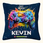 Housse de coussin personnalisée Get Ready Colorful Ink Splash Gamepad Design Throw Pillow Cover with Name Gaming Room Decor Birthday Gift for Game Lov