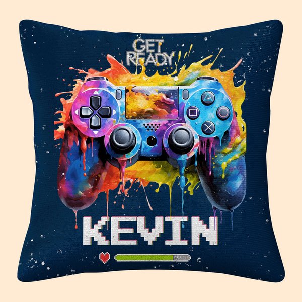 Gepersonaliseerde Get Ready kleurrijke inkt Splash Gamepad ontwerp kussenhoes met naam Gaming kamer Decor verjaardag Gift voor Game Lovers