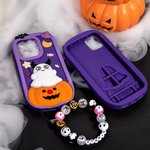 Personalised Cute Pumpkin Ghost 3D Silicone Phone Case with Name and Beaded Wrist Strap Halloween Birthday Gift for Women Girls