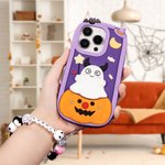 Personalised Cute Pumpkin Ghost 3D Silicone Phone Case with Name and Beaded Wrist Strap Halloween Birthday Gift for Women Girls