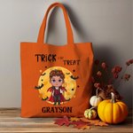 Personalized Cute Witch Vampire Trick or Treat Canvas Tote Bag with Name Halloween Gift for Kids