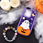 Personalised Cute Pumpkin Ghost 3D Silicone Phone Case with Name and Beaded Wrist Strap Halloween Birthday Gift for Women Girls