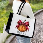 Personalized Pumpkin Bow Large Canvas Tote Bag with Name Halloween Trick or Treat Activities Gift for Women