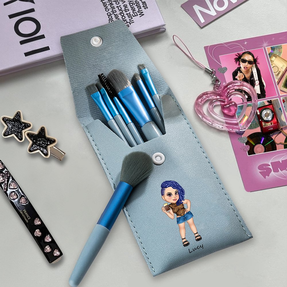 Sac de Pinceaux de Maquillage en Cuir Personnalisé avec Nom 8 Pinceaux de Maquillage Voyage Essentiel Cadeau d'Anniversaire pour Filles Femmes