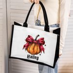 Personalized Pumpkin Bow Large Canvas Tote Bag with Name Halloween Trick or Treat Activities Gift for Women