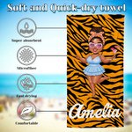 Personalized Multicolor Cartoon Quick Dry Black Woman Girl Beach Towel with Name Birthday Travel Essential Gift for Friend Bestie
