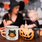 Tasse à café en émail 11oz avec nom, design de citrouille avec noeud, personnalisée, Halloween, saison effrayante, cadeau pour la famille et les amis.