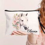 Personalized Watercolour Floral Horse  Linen Wristlet Makeup Bag with Name Birthday Gift for Women Horse Lovers