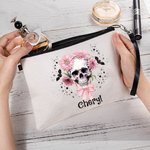 Personnalisé Pink Floral Skull Bats Linen Wristlet Makeup Bag with Name Halloween Gift for Women