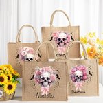 Personalized Pink Floral Skull Bats Large Jute Tote Bag with Name Halloween Trick or Treat Party Gift for Women Girls