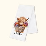 Personalised Cute Floral Highland Cow 100% Cotton Waffle Tea Towel with Name Kitchen Decor Birthday Gift for Highland Cow Lovers
