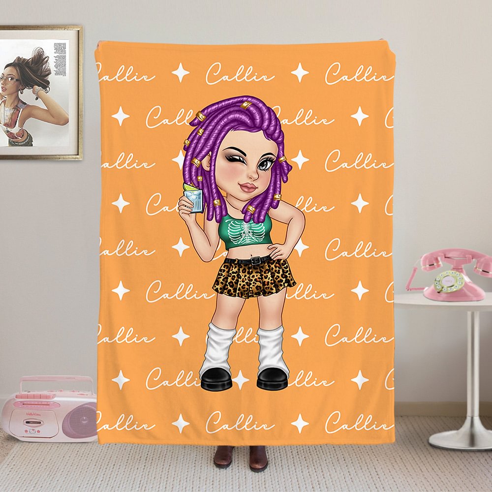 Couverture Douce Personnalisée avec Nom et Personnage de Dessin Animé Style Y2K Cadeau de Noël pour les Femmes et les Filles