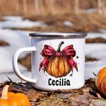 Tasse à café en émail 11oz avec nom, design de citrouille avec noeud, personnalisée, Halloween, saison effrayante, cadeau pour la famille et les amis.