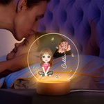 Personalised Cartoon Character Birth Flower Acrylic LED Night Light with Wooden Base Home Decor Gift for Boys Girls