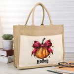 Personalised Pumpkin Bow Large Capacity Jute Canvas Tote Bag with Name Halloween Spooky Season Gift for Women
