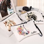 Personalized Watercolour Floral Horse  Linen Wristlet Makeup Bag with Name Birthday Gift for Women Horse Lovers
