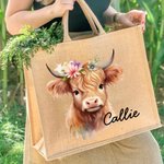 Vaca de las Highlands Bolsa de yute personalizada con nombre Cumpleaños Regalo de Navidad para amante de la vaca de las Highlands