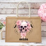 Personalized Pink Floral Skull Bats Large Jute Tote Bag with Name Halloween Trick or Treat Party Gift for Women Girls
