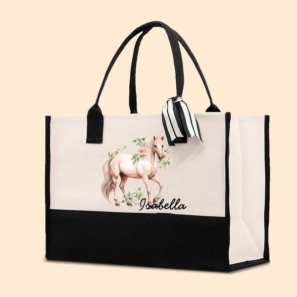 Personalised Floral Horse Large Canvas Tote Bag with Name and Waterproof Liner Birthday Gift for Women Horse Lovers