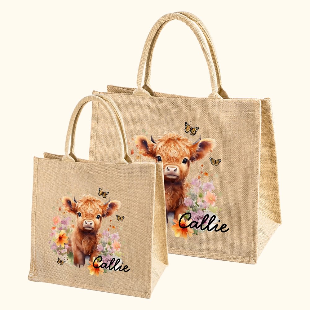 Sac en Toile de Jute Personnalisé avec Nom et Motif Vache de Highland à Fleurs Cadeau d'Anniversaire Noël pour l'Amoureux des Vaches Highland