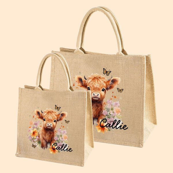 Vaca de las Highlands Bolsa de yute personalizada con nombre Cumpleaños Regalo de Navidad para amante de la vaca de las Highlands