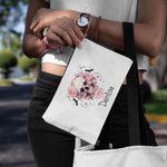 Personnalisé Pink Floral Skull Bats Linen Wristlet Makeup Bag with Name Halloween Gift for Women