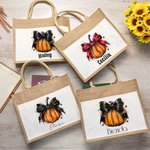 Personalised Pumpkin Bow Large Capacity Jute Canvas Tote Bag with Name Halloween Spooky Season Gift for Women