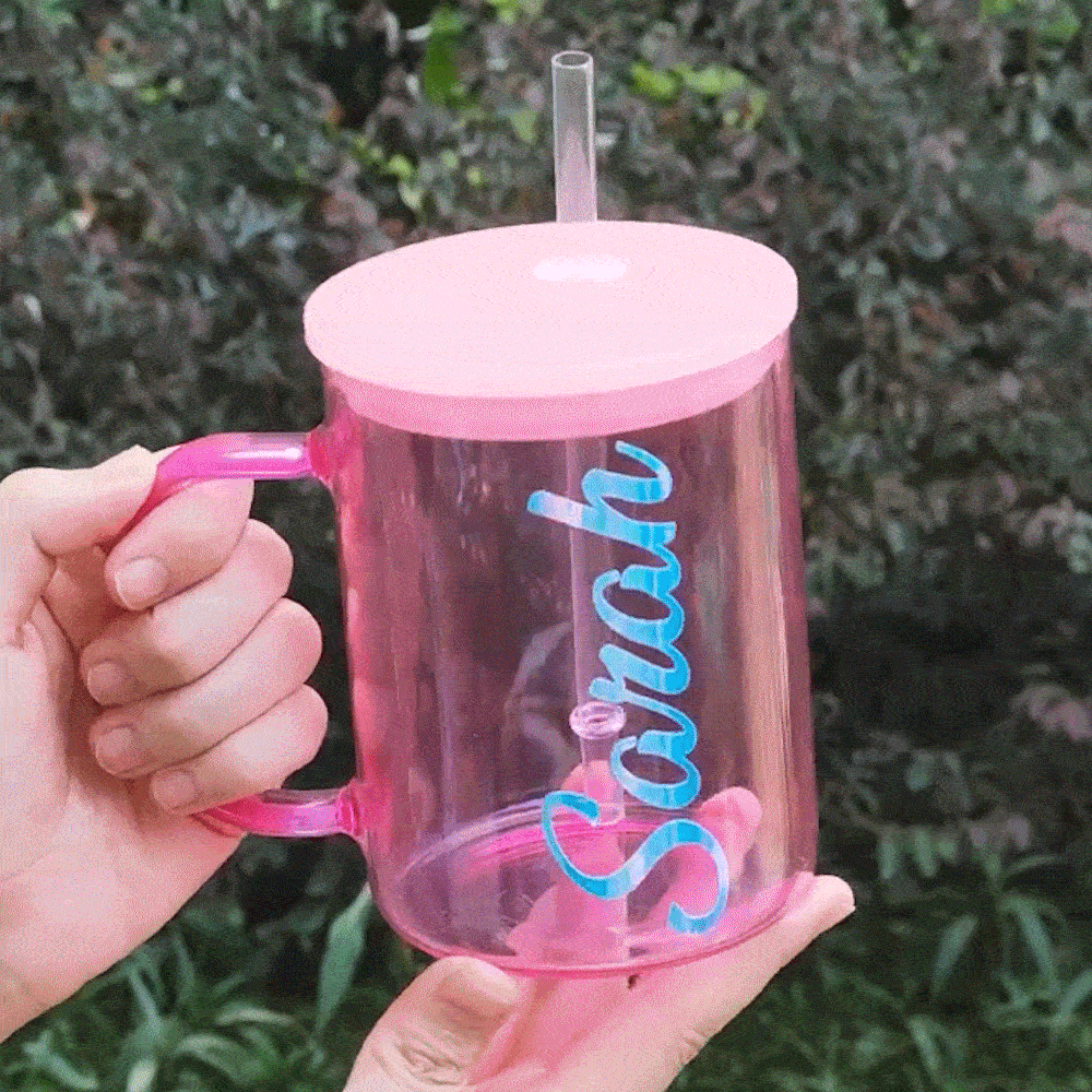 Tazza di vetro olografica personalizzata multicolore con nome, cannuccia e coperchio Regalo di compleanno per il tempo libero per lui e per lei