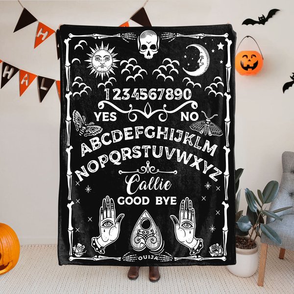 Coperta personalizzata Sun Moon Skull Ouija Board Design Morbida coperta con nome Stile gotico Regalo di Halloween per appassionati di divinazione