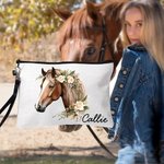 Personalized Watercolour Floral Horse  Linen Wristlet Makeup Bag with Name Birthday Gift for Women Horse Lovers