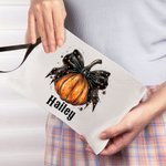 Trousse de maquillage personnalisée avec nœud en forme de citrouille et bracelet à votre nom Cadeau de voyage pour femmes pour Halloween