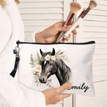 Personalized Watercolour Floral Horse  Linen Wristlet Makeup Bag with Name Birthday Gift for Women Horse Lovers