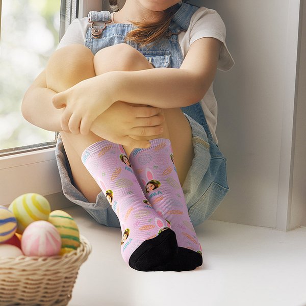 Personalized Cute Bunny Ears Photo Mid-calf Socks with Name and Easter Egg Carrot Element Gift for Kid