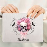 Personnalisé Pink Floral Skull Bats Linen Wristlet Makeup Bag with Name Halloween Gift for Women