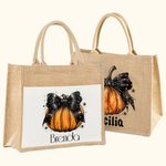 Personalised Pumpkin Bow Large Capacity Jute Canvas Tote Bag with Name Halloween Spooky Season Gift for Women