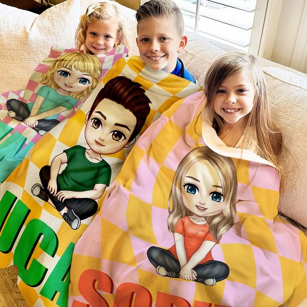 Personnalisé Multicolore Damier Mignon Personnage Carton Doux Couverture avec Nom Ombre Noël Anniversaire Cadeau pour Garçons Filles