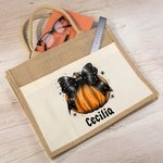 Personalised Pumpkin Bow Large Capacity Jute Canvas Tote Bag with Name Halloween Spooky Season Gift for Women
