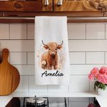 Personalised Cute Floral Highland Cow 100% Cotton Waffle Tea Towel with Name Kitchen Decor Birthday Gift for Highland Cow Lovers