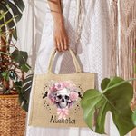 Personalized Pink Floral Skull Bats Large Jute Tote Bag with Name Halloween Trick or Treat Party Gift for Women Girls