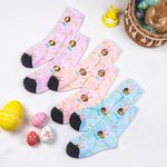 Personalized Cute Bunny Ears Photo Mid-calf Socks with Name and Easter Egg Carrot Element Gift for Kid