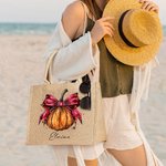 Personalised Pumpkin Bow Large Capacity Jute Canvas Tote Bag with Name Halloween Spooky Season Gift for Women