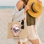 Personalized Pink Floral Skull Bats Large Jute Tote Bag with Name Halloween Trick or Treat Party Gift for Women Girls