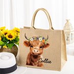 Vaca de las Highlands Bolsa de yute personalizada con nombre Cumpleaños Regalo de Navidad para amante de la vaca de las Highlands