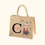 Personalised Woman Cartoon Character Butterfly Design Jute Tote Bag with Initial and Name Accessorie Retirement Birthday Gift for Grandma Mom