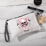 Personnalisé Pink Floral Skull Bats Linen Wristlet Makeup Bag with Name Halloween Gift for Women