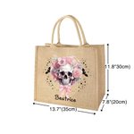 Personalized Pink Floral Skull Bats Large Jute Tote Bag with Name Halloween Trick or Treat Party Gift for Women Girls